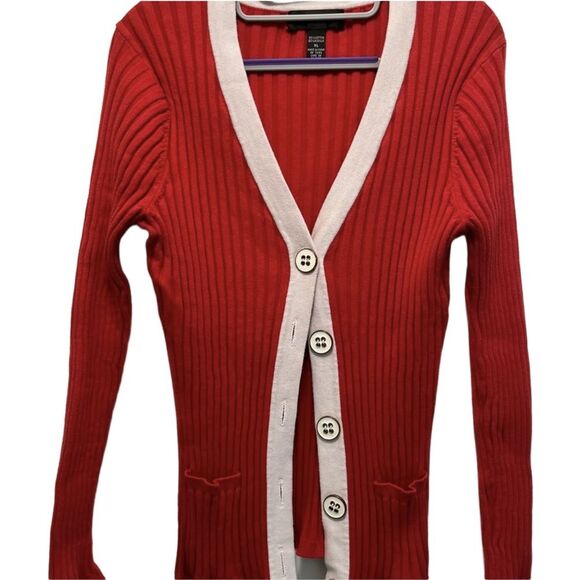 Cable & Gauge Cardigan Sweater X-Large Red/White EUC Lots of Stretch - Picture 2 of 10